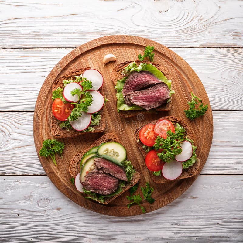 Sandwiches with beef, fresh vegetables and herbs on rustic wooden chopping board over white wood backdrop, top view. vector illustration
