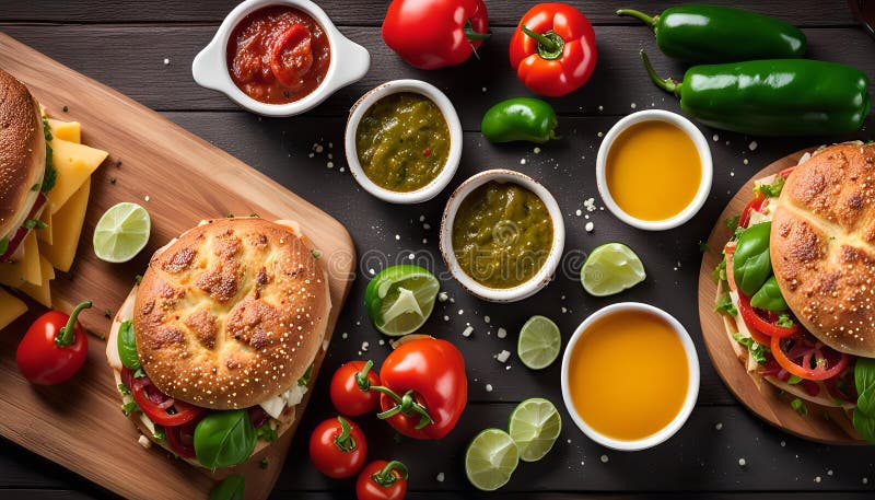 Sandwiches e Dips deliziosi illustrazione vettoriale