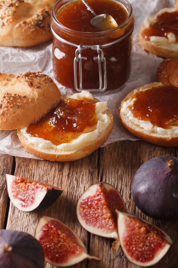 Sandwiches with Fig Jam and Cream Cheese Closeup. Vertical Stock Photo