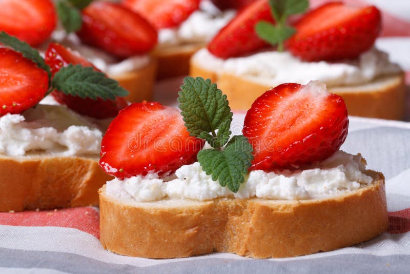 Sandwiches with Strawberries, Cream Cheese and Mint. Macro Stock Image