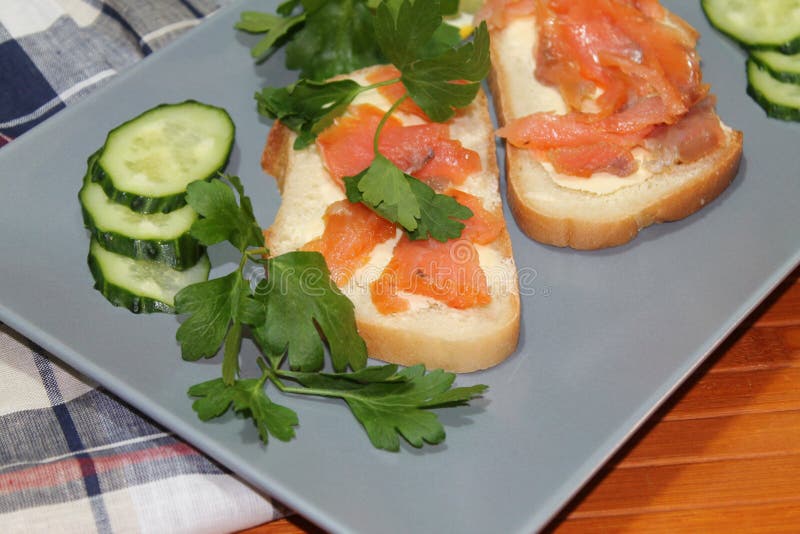Sandwiches of White Bread with Red Fish and Butter Stock Image Image