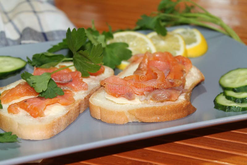 Sandwiches of White Bread with Red Fish and Butter Stock Photo Image