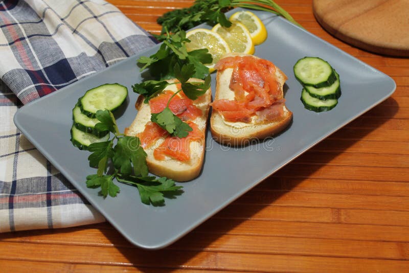 Sandwiches of White Bread with Red Fish and Butter Stock Photo Image