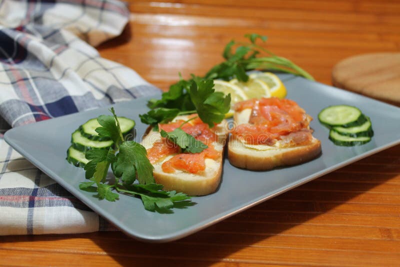 Sandwiches of White Bread with Red Fish and Butter Stock Image Image