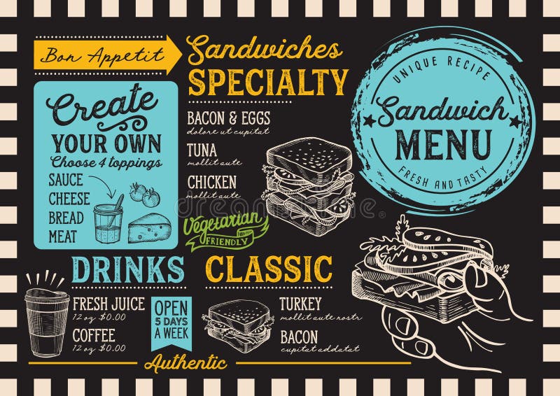 Sandwich restaurant menu. Vector food flyer for bar and cafe. Design template with vintage hand-drawn illustrations. Sandwich restaurant menu. Vector food flyer for bar and cafe. Design template with vintage hand-drawn illustrations.