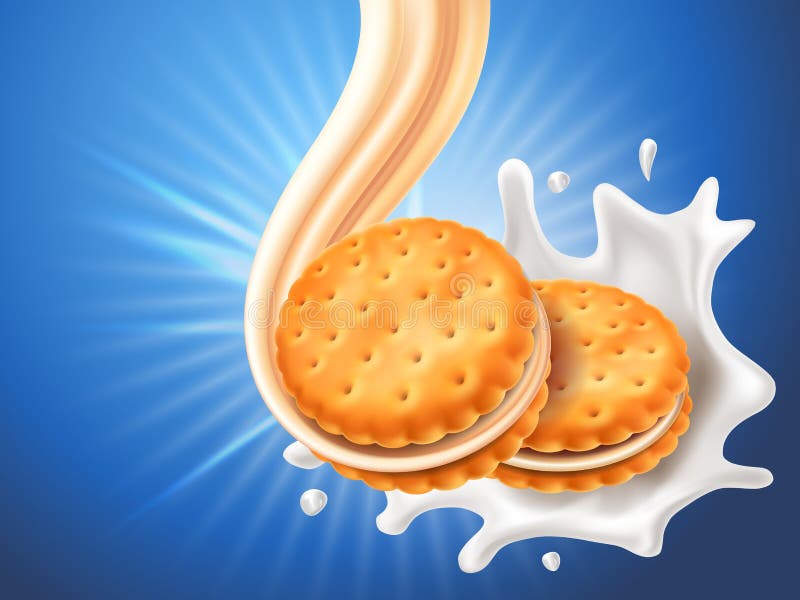 Sandwichplätzchen mit köstlichem Vanillecremefluß Crackertropfen des Milchspritzens Blauer Hintergrund mit glühendem Effekt und lizenzfreie abbildung