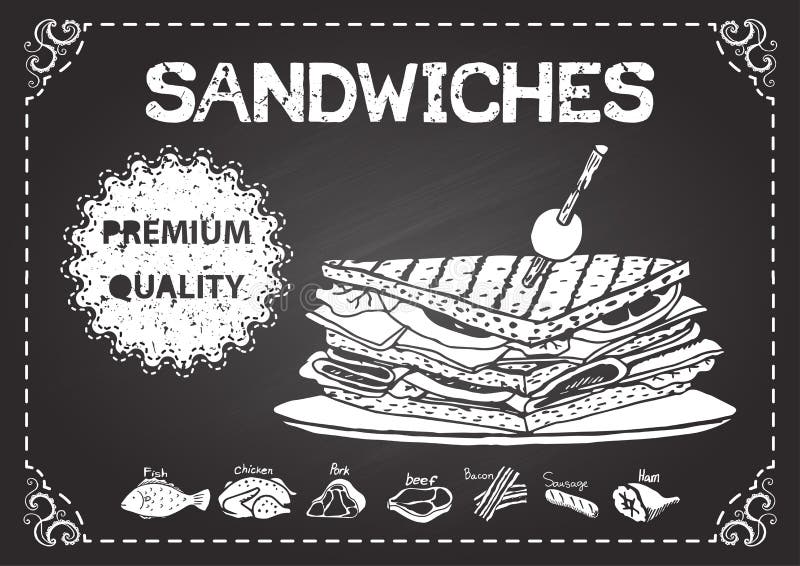 Sandwichs tirés par la main sur le tableau avec le label de la meilleure qualité de qualité illustration de vecteur Sandwichs tirés par la main sur le tableau avec le label de la meilleure qualité de qualité illustration de vecteur