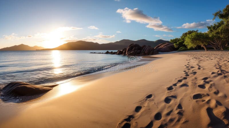 a sandy beach with footprints on it. Created with the aid of Generative AI tools.