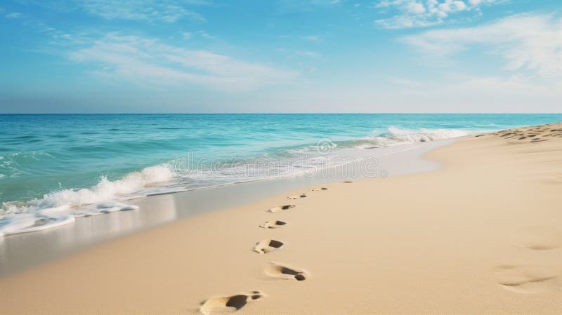 Footprints in the sand on a beautiful sandy beach. Generative AI. Footprints in the sand on a beautiful sandy beach. Generative AI