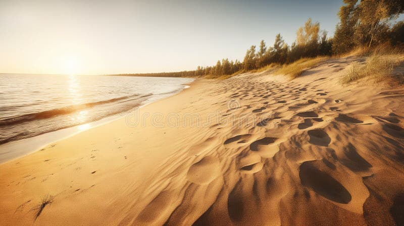 a sandy beach with footprints in the sand and trees in the background .