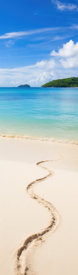 A sandy beach with footprints in the sand. Vertical panoramic banner. AI generated. A sandy beach with footprints in the sand. Vertical panoramic banner. AI generated