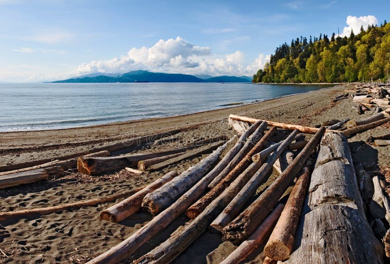 Driftwood on a sandy beach on Point Grey in Vancouver. Bowen Island is visible in the distance
