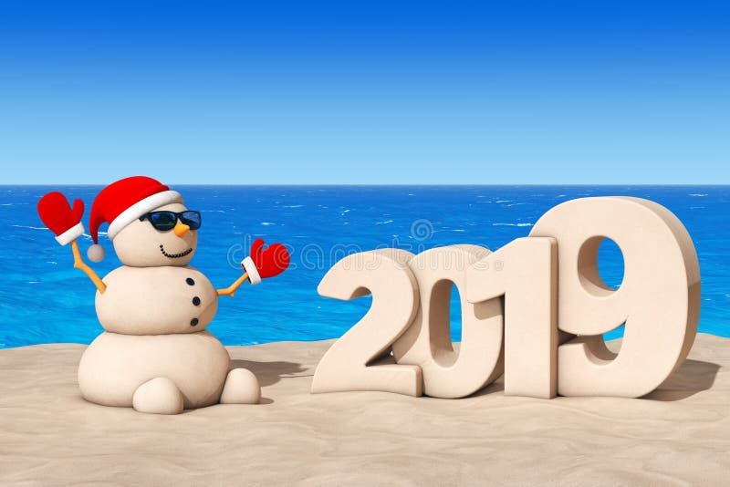 Sandy Christmas Snowman in Sunny Beach met 2019 Nieuwjaarteken vector illustratie Sandy Christmas Snowman in Sunny Beach met 2019 Nieuwjaarteken vector illustratie