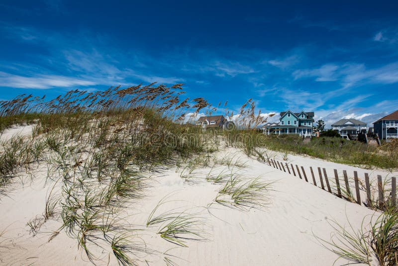 Sandy dunes with sea grass and beach house community in background