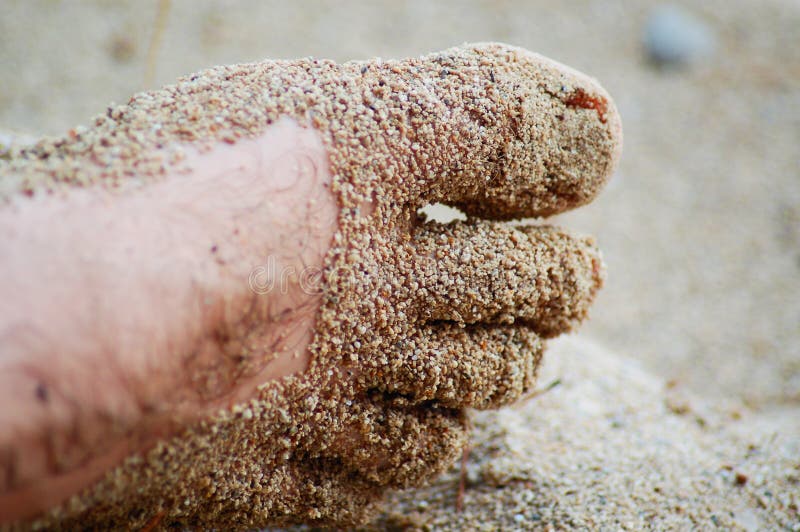 Close up of a sandy male foot in the beach. Close up of a sandy male foot in the beach.