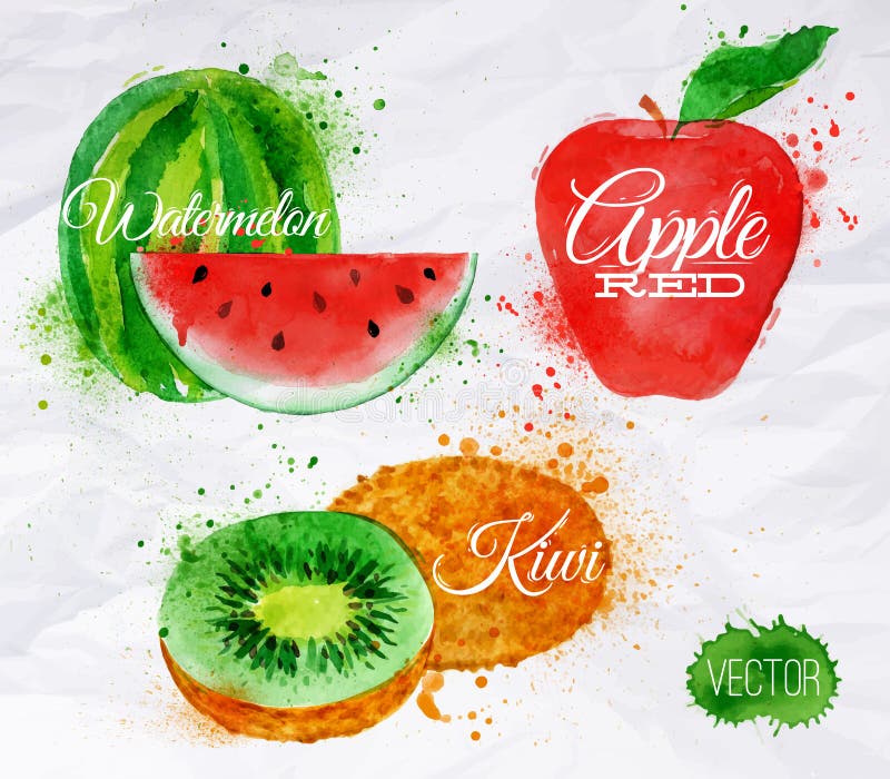 Sandía de la acuarela de la fruta, kiwi, rojo de la manzana stock de ilustración Sandía de la acuarela de la fruta, kiwi, rojo de la manzana stock de ilustración