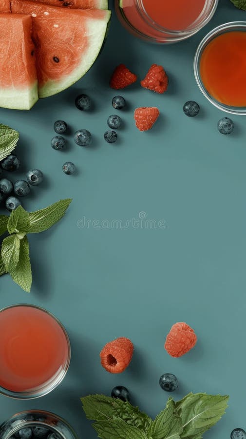 Sandía fresca frambuesa arándanos y zumos en un fresco fondo verde fotos de archivo libres de regalías