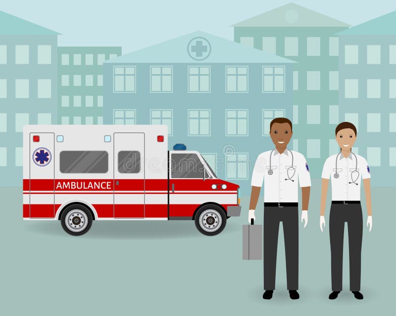 Sanitariusz karetki drużynowy i ambulansowy samochód na pejzażu miejskiego tle Przeciwawaryjny medyczny serviice pracownik ilustracja wektor Sanitariusz karetki drużynowy i ambulansowy samochód na pejzażu miejskiego tle Przeciwawaryjny medyczny serviice pracownik ilustracja wektor