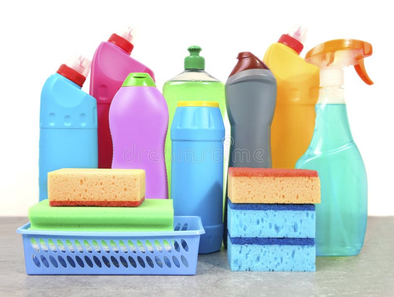 Sanitary,detergent Bottles and Sponges Closeup.Group of Household