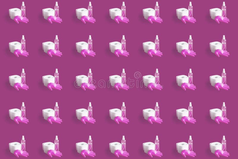 Sanitizer, a Rubber Glove and a Toilet Paper Stock Photo Image of