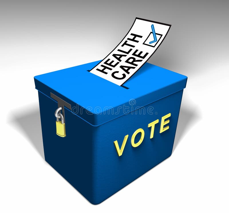 Blue Ballot Box encouraging one to vote for a health care topic on the ballot. Blue Ballot Box encouraging one to vote for a health care topic on the ballot