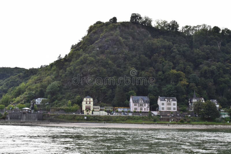 Sankt Goar, Germany - 09 30 2021: Sankt Goar waterfront curve opposite the Lorelei rock