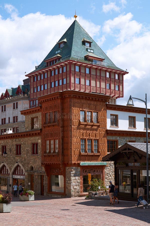Badrutt palace, luxury hotel building tower and people in a sunny summer day in Sankt Moritz, Switzerland royalty free stock images Badrutt palace, luxury hotel building tower and people in a sunny summer day in Sankt Moritz, Switzerland royalty free stock images