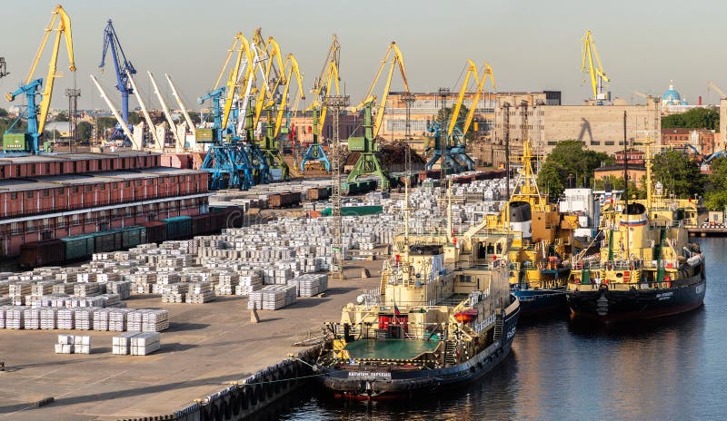 Sankt- Petersburg/Rusland: Jun 03,2019: Panorama van de haven met kranen in de haven van St. Petersburg in Rusland stock fotografie Sankt- Petersburg/Rusland: Jun 03,2019: Panorama van de haven met kranen in de haven van St. Petersburg in Rusland stock fotografie