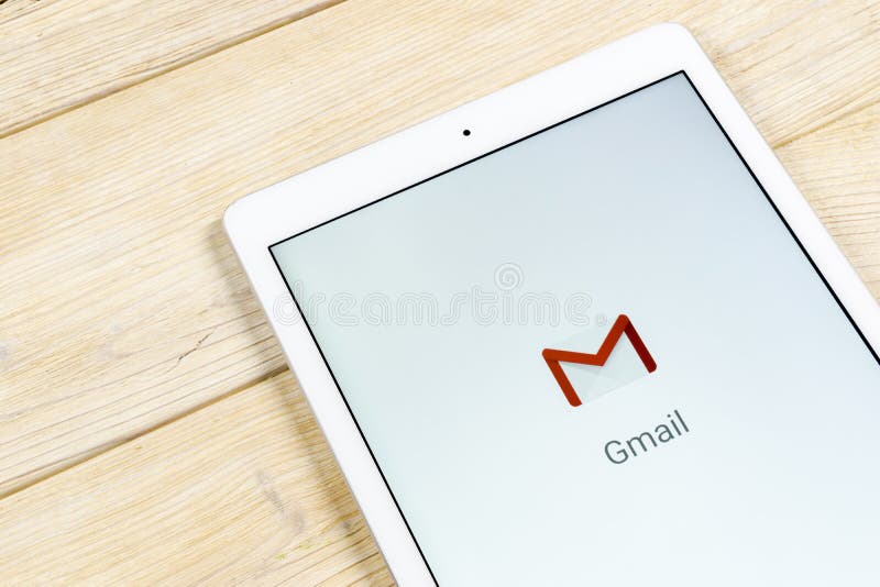 Google Gmail application icon on Apple iPad smartphone screen close-up. Gmail app icon. Gmail is popular Internet online e-mail. stock images