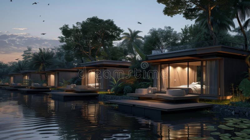 With no distractions or city noises sleep comes easily in the floating bungalows allowing guests to truly recharge and awaken feeling refreshed and connected to nature. 2d flat cartoon. AI generated. With no distractions or city noises sleep comes easily in the floating bungalows allowing guests to truly recharge and awaken feeling refreshed and connected to nature. 2d flat cartoon. AI generated