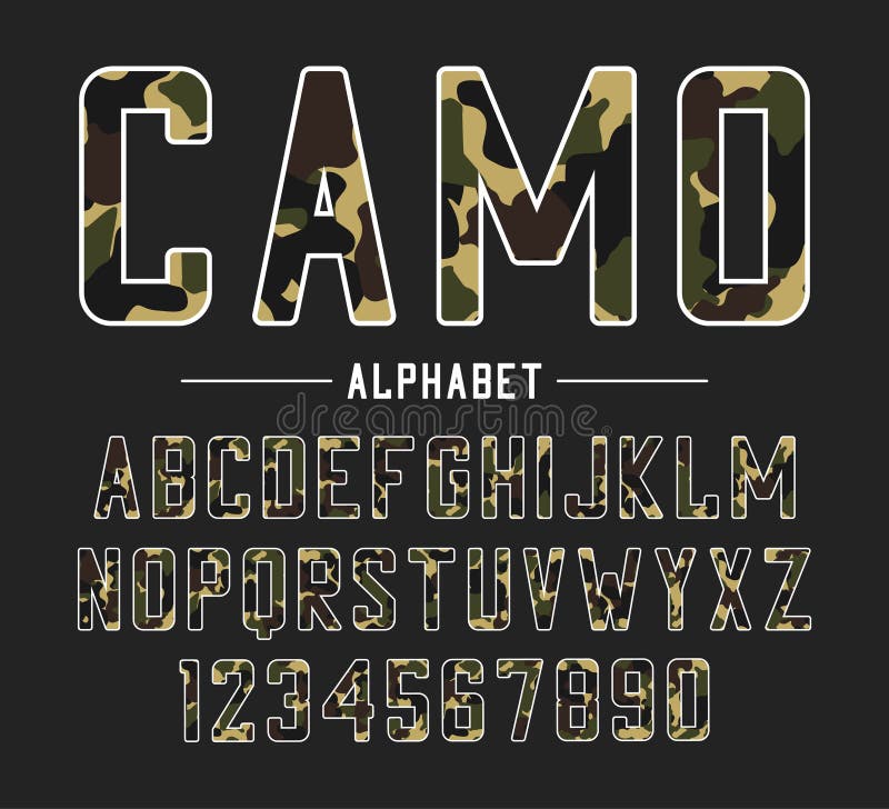 Sans serif font with camouflage texture. Condensed bold typeface, high alphabet with numbers in military and army style. Vector.