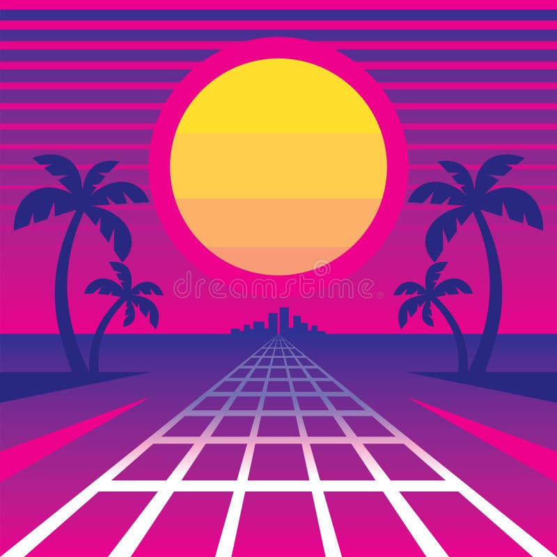 Sanset et chemin tropicaux vers la ville - illustration de vecteur de concept dans le rétro style des années 80 de musique de vag illustration de vecteur Sanset et chemin tropicaux vers la ville - illustration de vecteur de concept dans le rétro style des années 80 de musique de vag illustration de vecteur