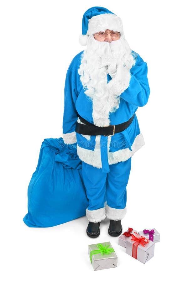 Santa azul engraçada pede para ser quieta fotos de stock Santa azul engraçada pede para ser quieta fotos de stock