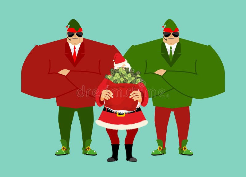 Santa and bag of money. Elf Claus bodyguards. Christmas gift cash. Red sack with dollars