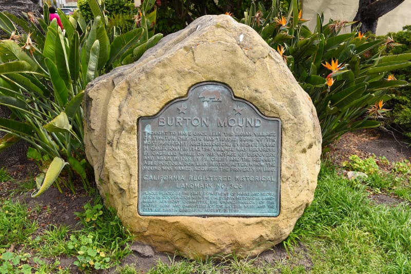 SANTA BARBARA, CALIFORNIA - APRIL 11, 2019: Plaque at Burton Mound, historically known as Syujtun, a former Native American village discovered in 1542 by Juan Cabrillo. SANTA BARBARA, CALIFORNIA - APRIL 11, 2019: Plaque at Burton Mound, historically known as Syujtun, a former Native American village discovered in 1542 by Juan Cabrillo.