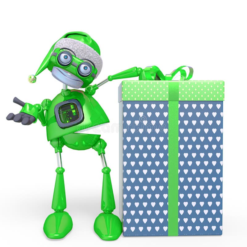 Santa bot beside the gift box in white background stock illustration