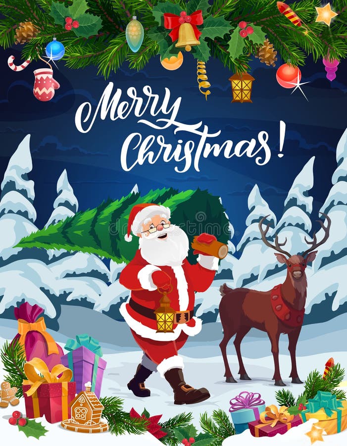 Santa with Christmas tree, reindeer and Xmas gifts