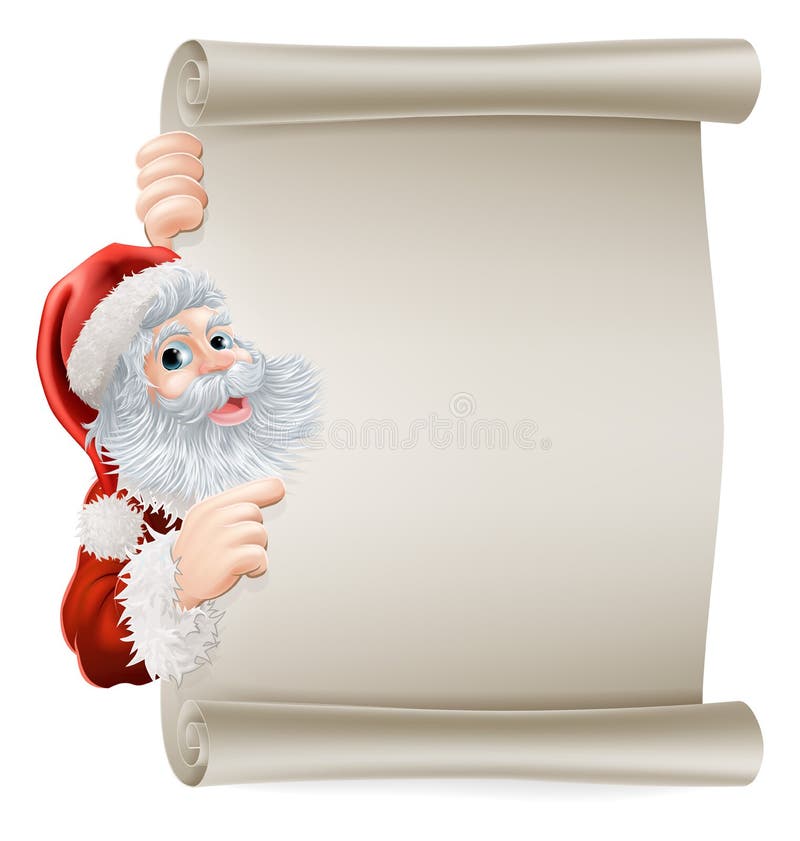 Santa Christmas poster of Santa cartoon character pointing sideways at a poster sign