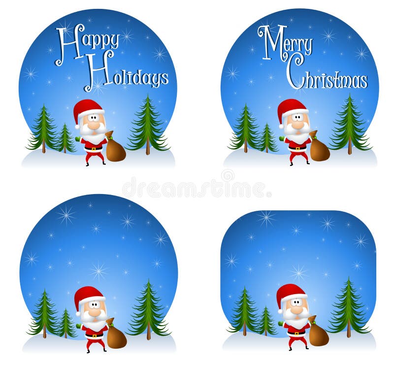 An illustration featuring your choice of Santa Claus backgrounds or logos with blank or versions that have 'Happy Holidays' and 'Merry Christmas'. An illustration featuring your choice of Santa Claus backgrounds or logos with blank or versions that have 'Happy Holidays' and 'Merry Christmas'