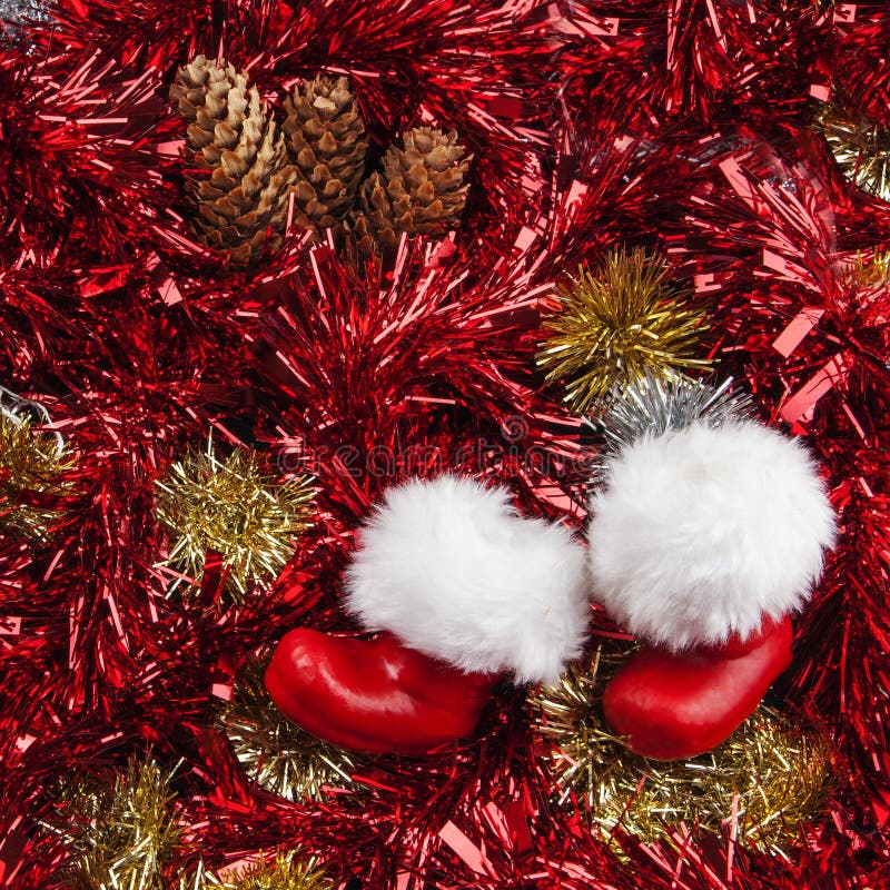 Santa Claus Boots Christmas Panorama Tinsel Pine Cone Stock Photos