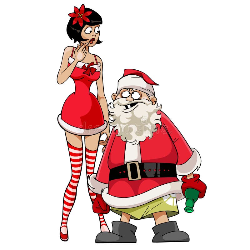 Santa Claus borracha con una muchacha en un vestido rojo stock de ilustración Santa Claus borracha con una muchacha en un vestido rojo stock de ilustración