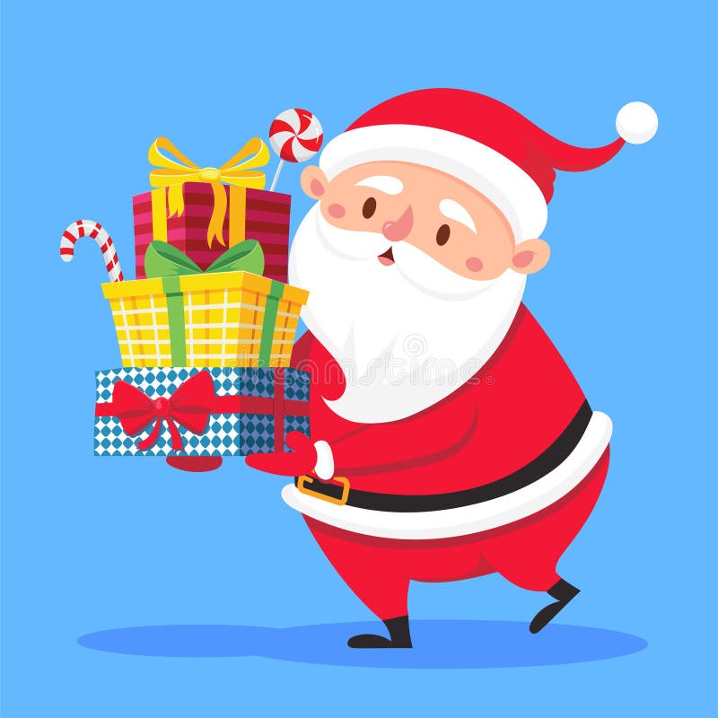 Santa Claus bär gåvabunten Julgåvaask som bär i händer Skurkrollen staplade vektorn för gåvor för vinterferier vektor illustrationer Santa Claus bär gåvabunten Julgåvaask som bär i händer Skurkrollen staplade vektorn för gåvor för vinterferier vektor illustrationer