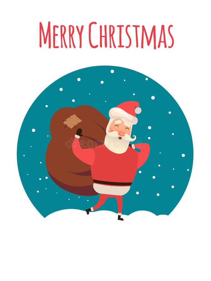 Santa Claus carrying sack full of gifts. Xmas time. Christmas coming. Vector illustration for your web design. stock illustration Santa Claus carrying sack full of gifts. Xmas time. Christmas coming. Vector illustration for your web design. stock illustration