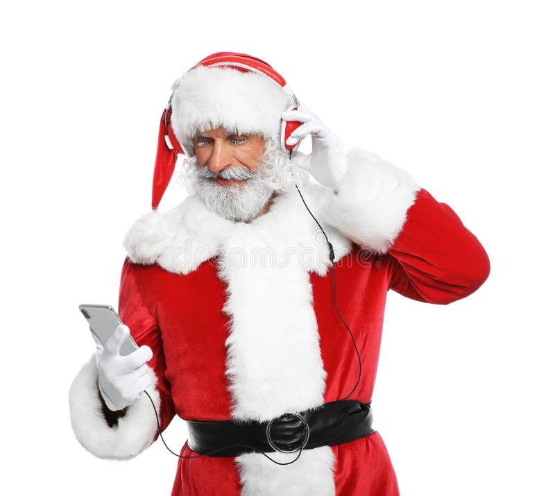 Santa Claus che ascolta il fondo di bianco di musica di Natale immagini stock libere da diritti Santa Claus che ascolta il fondo di bianco di musica di Natale immagini stock libere da diritti