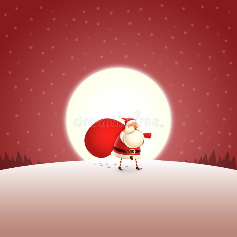 Santa Claus che cammina lontano con i regali insacca - il paesaggio rosso di luce della luna illustrazione vettoriale Santa Claus che cammina lontano con i regali insacca - il paesaggio rosso di luce della luna illustrazione vettoriale