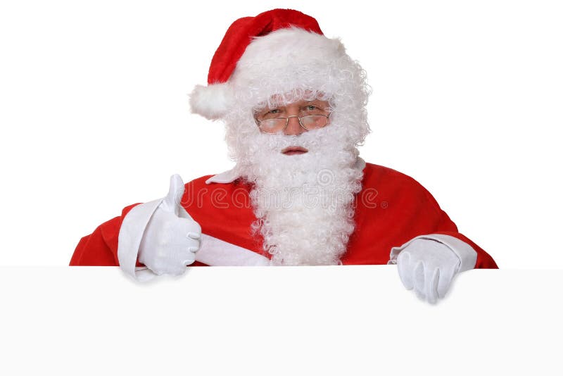 Santa Claus che mostra i pollici su sul Natale con l'insegna vuota e fotografia stock Santa Claus che mostra i pollici su sul Natale con l'insegna vuota e fotografia stock