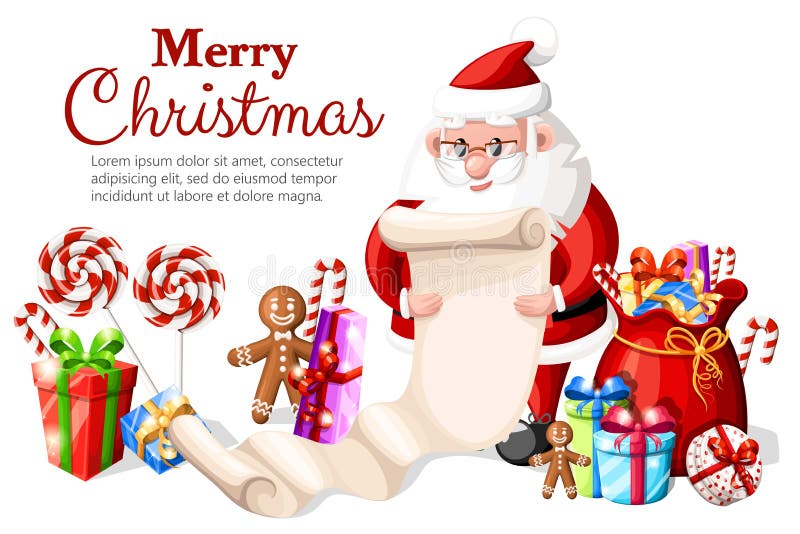Santa Claus checking list with different gift box a bag with presents lollipops and gingerbread illustration with place for royalty free illustration Santa Claus checking list with different gift box a bag with presents lollipops and gingerbread illustration with place for royalty free illustration