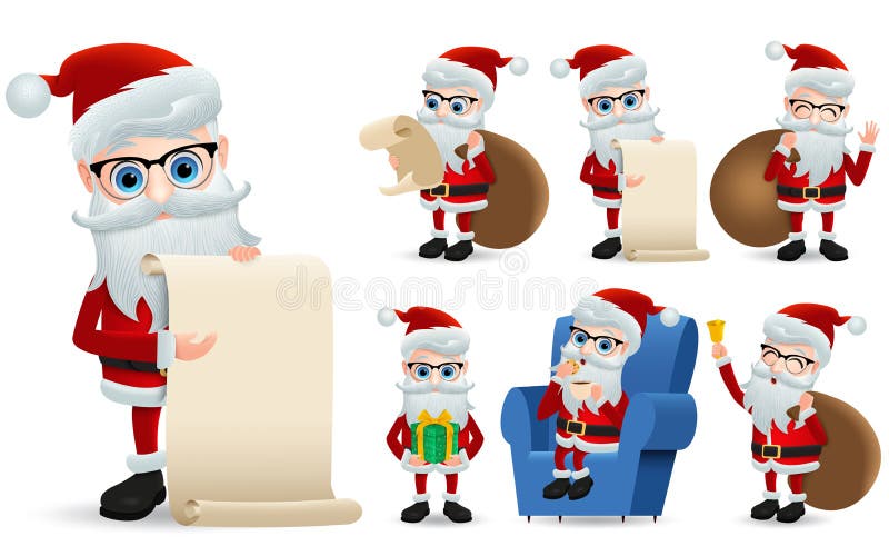 Santa claus christmas characters set with wish list. Santa claus vector character showing and holding wish list. stock illustration