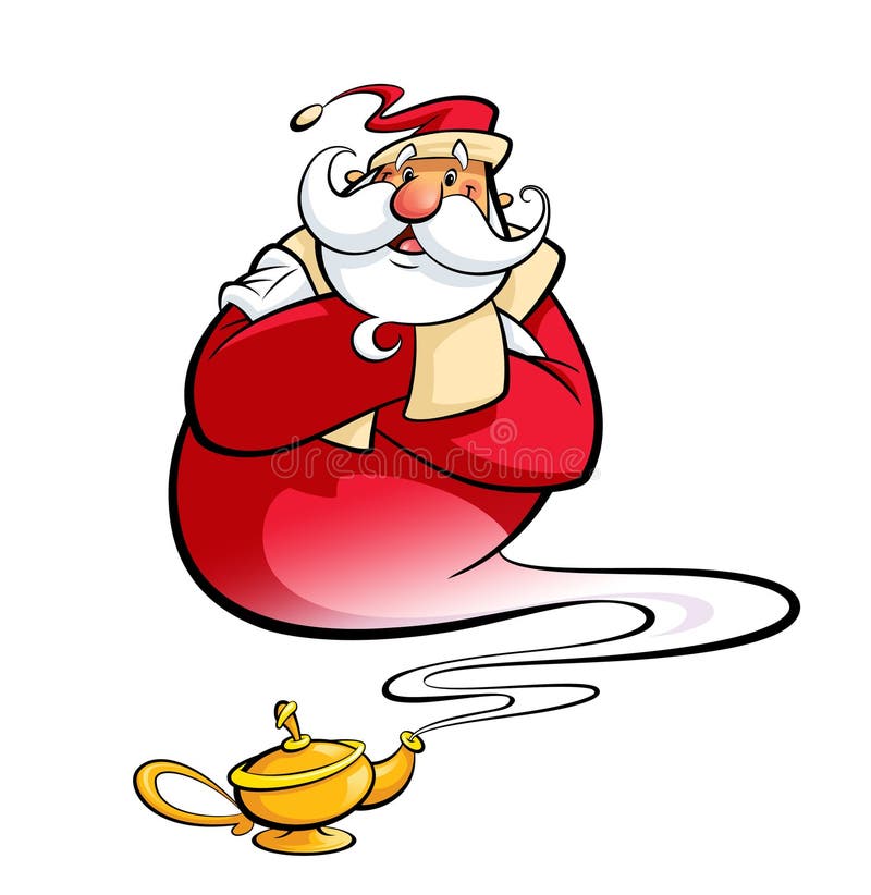 Santa Claus con i desideri magici di natale di aiuto della lampada avverati