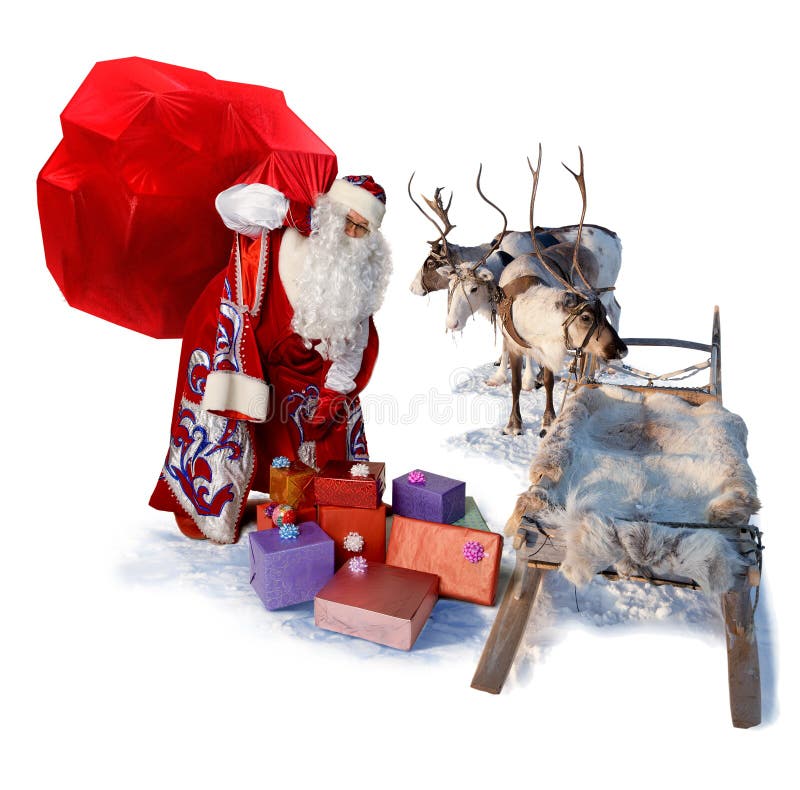 Santa Claus con la grande borsa dei regali e della sua slitta della renna